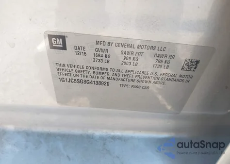 2016 Chevrolet Sonic Lt Auto from USA, damaged, VIN 1G1JC5SG8G4138920